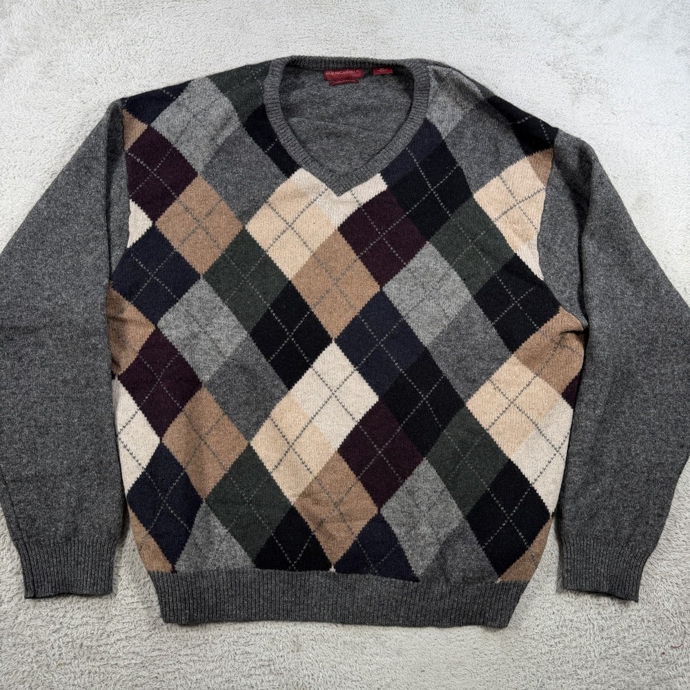 American Blue Sweater Mens XL Grey Argyle 100% Himalayan Yak V-Neck Soft